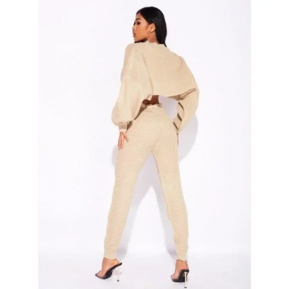 Beige Knitted Long Sleeve Sweater Crop Top and High Waist Pants Two Piece Set - Picture 12 of 16